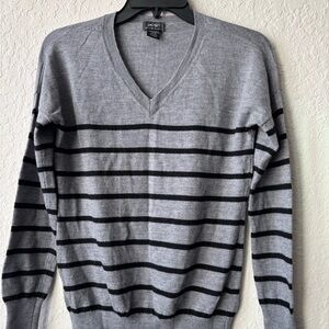 Lord & Taylor V-Neck Gray and Black Striped Sweater